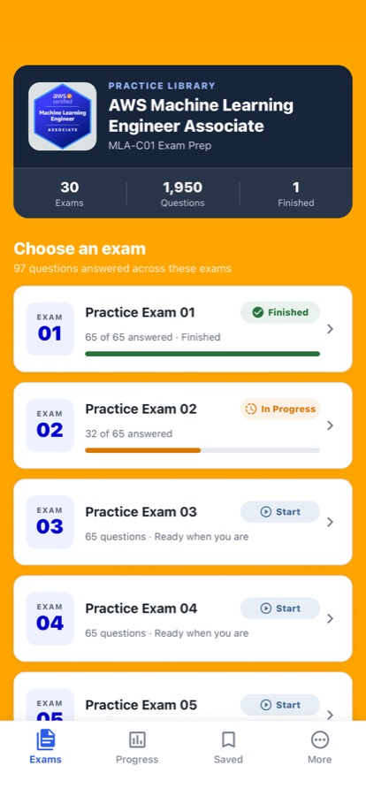 AWS Machine Learning Exam: Choose a practice exam